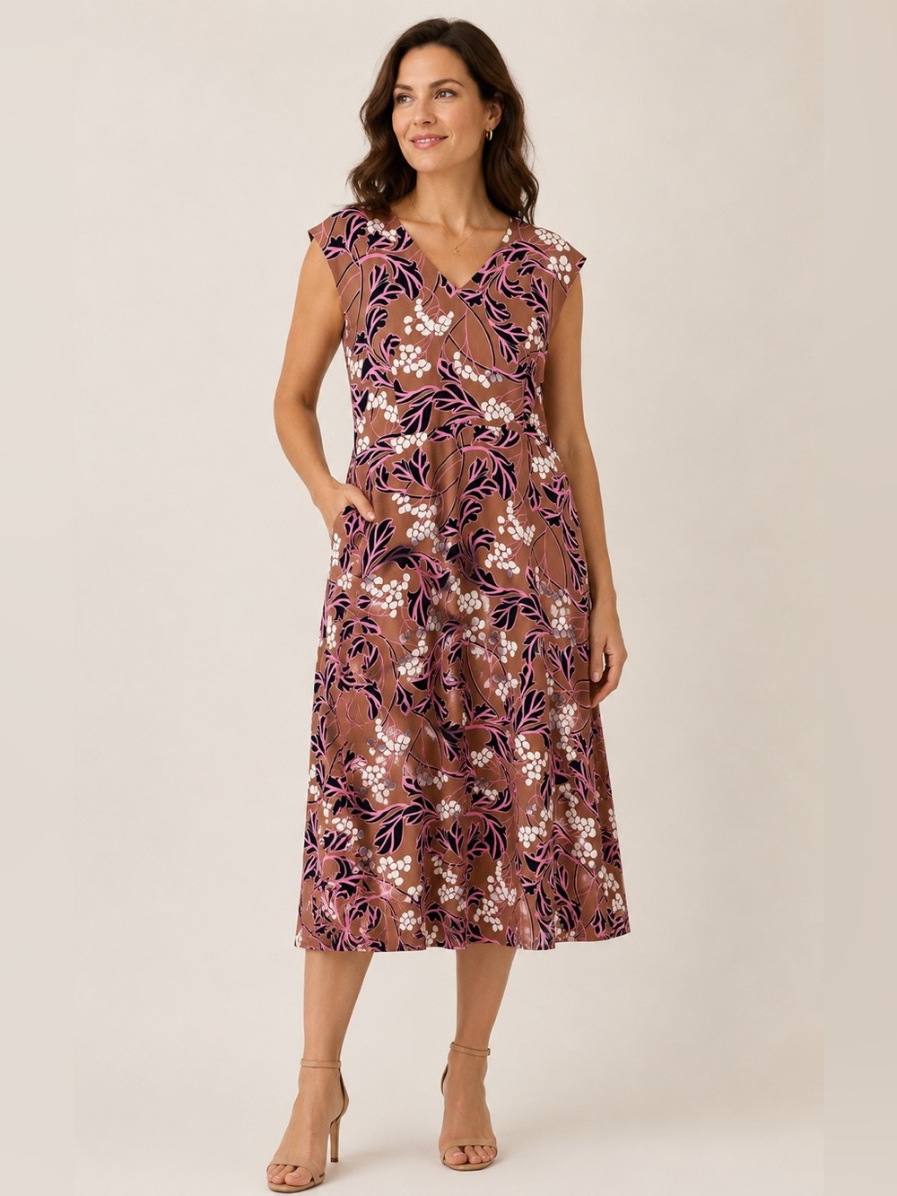 Ann Taylor Cap Sleeve Botanical Midi Dress Pink Camel Size 12